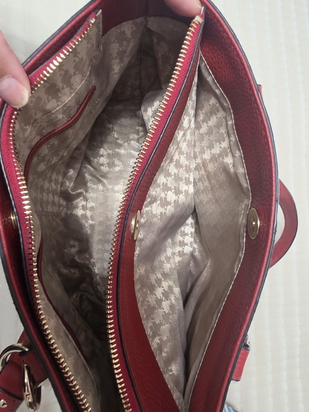 Karl Lagerfeld Red Pebbled Leather Tote with Gold Accents - Picture 4 of 5